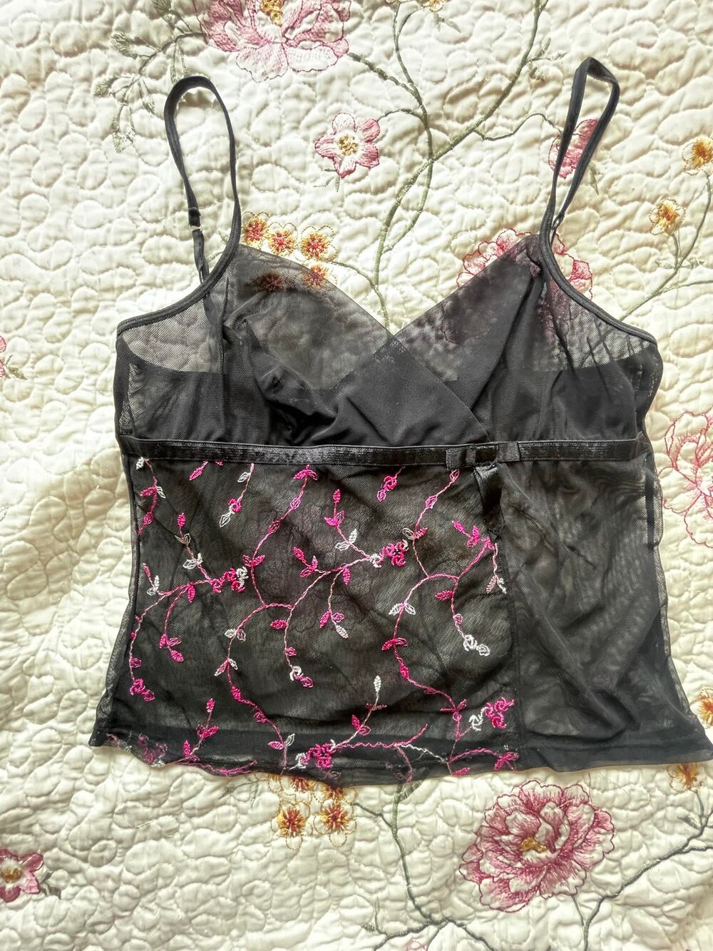 pink and black embroidered mesh babydoll top